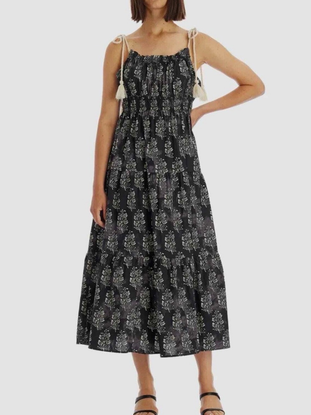 New Moon River Cotton Floral Smocked Tiered Tassel Boho Midi Dress size S